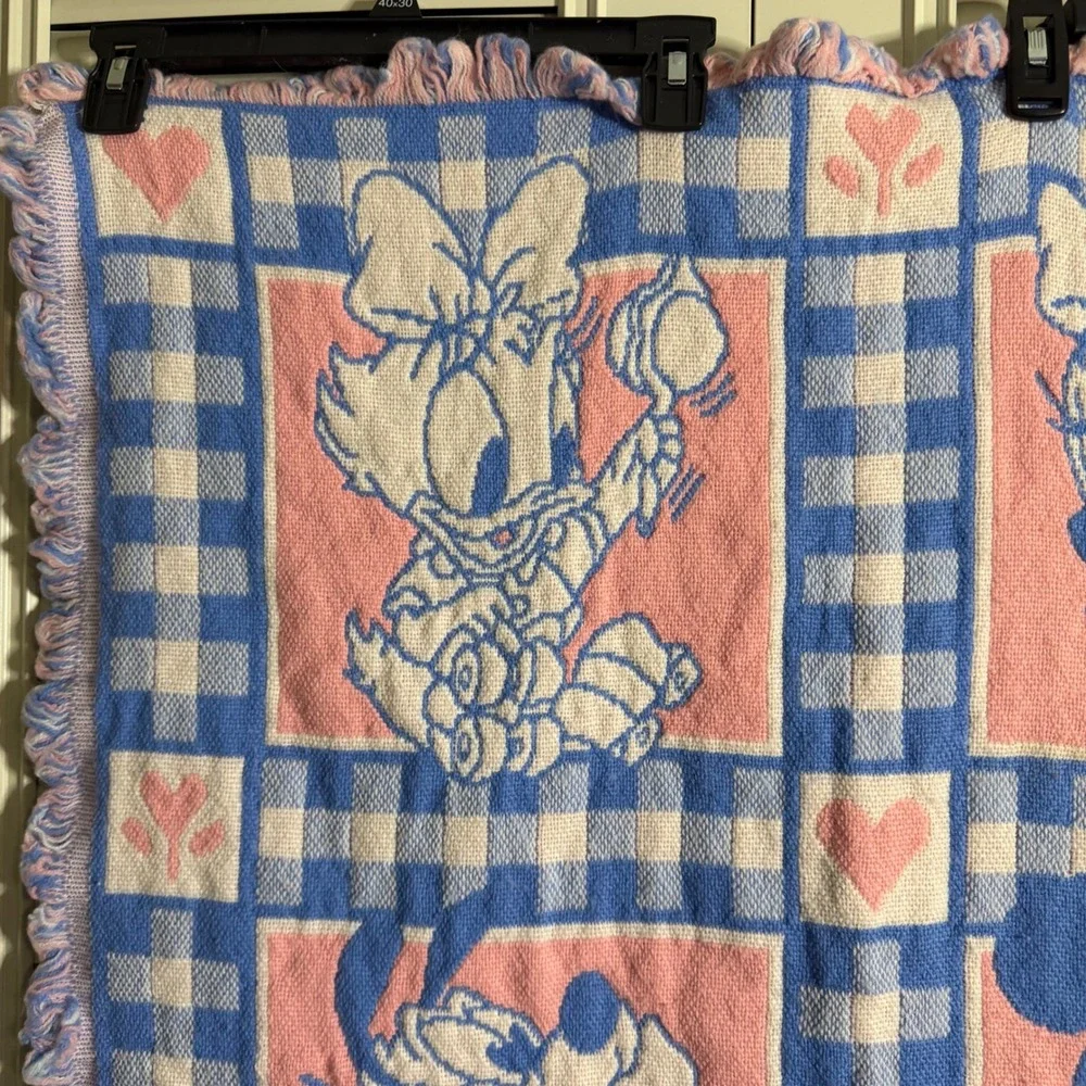 Vintage Disney Baby Blanket Woven Tapestry Mickey Minnie Donald Goofy Blue Pink